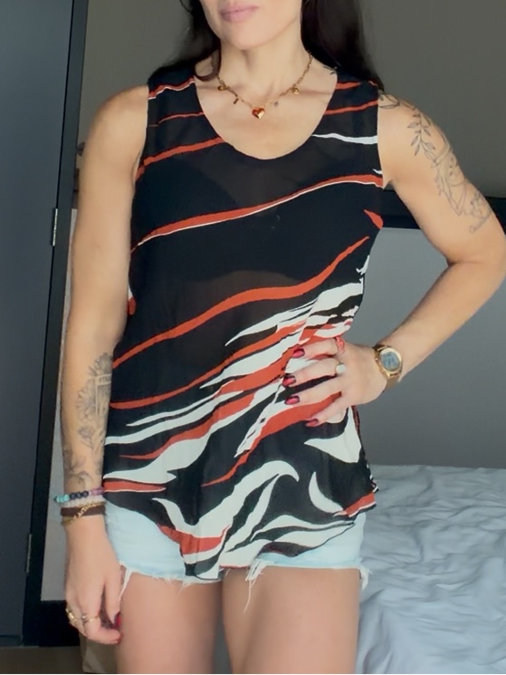 Womens Black & Orange Wave Print Sheer Sleeveless blouse / flowy tank. Size M - Picture 1 of 15